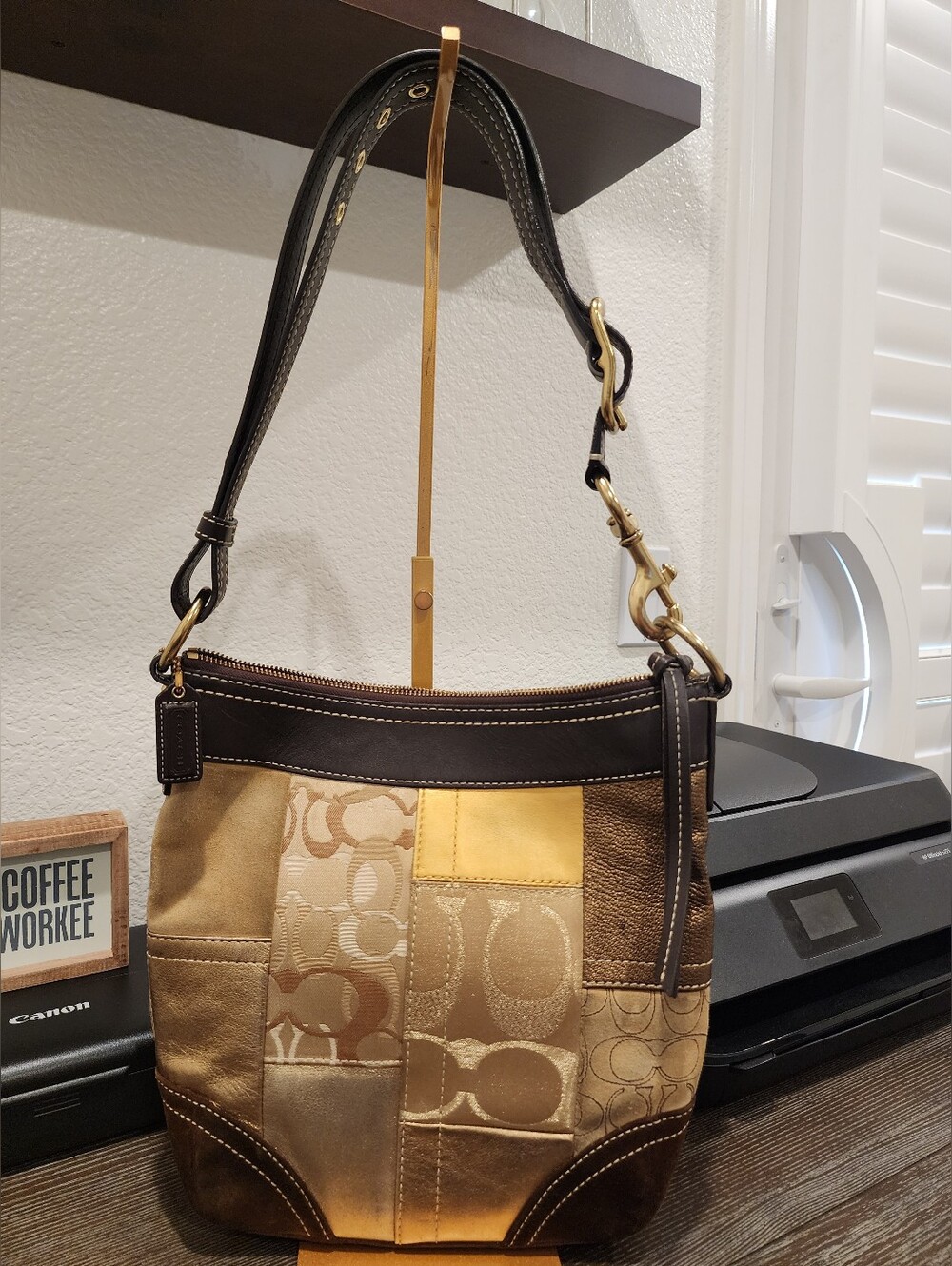 Coach Patchwork Leather Shoulder Bag in Brown and Tan